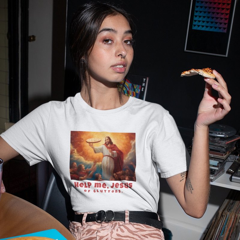 JESUS PIZZA 中性短袖T恤 白色 交换礼物耶稣圣母圣诞基督食物 - 女装 T 恤 - 棉．麻 白色