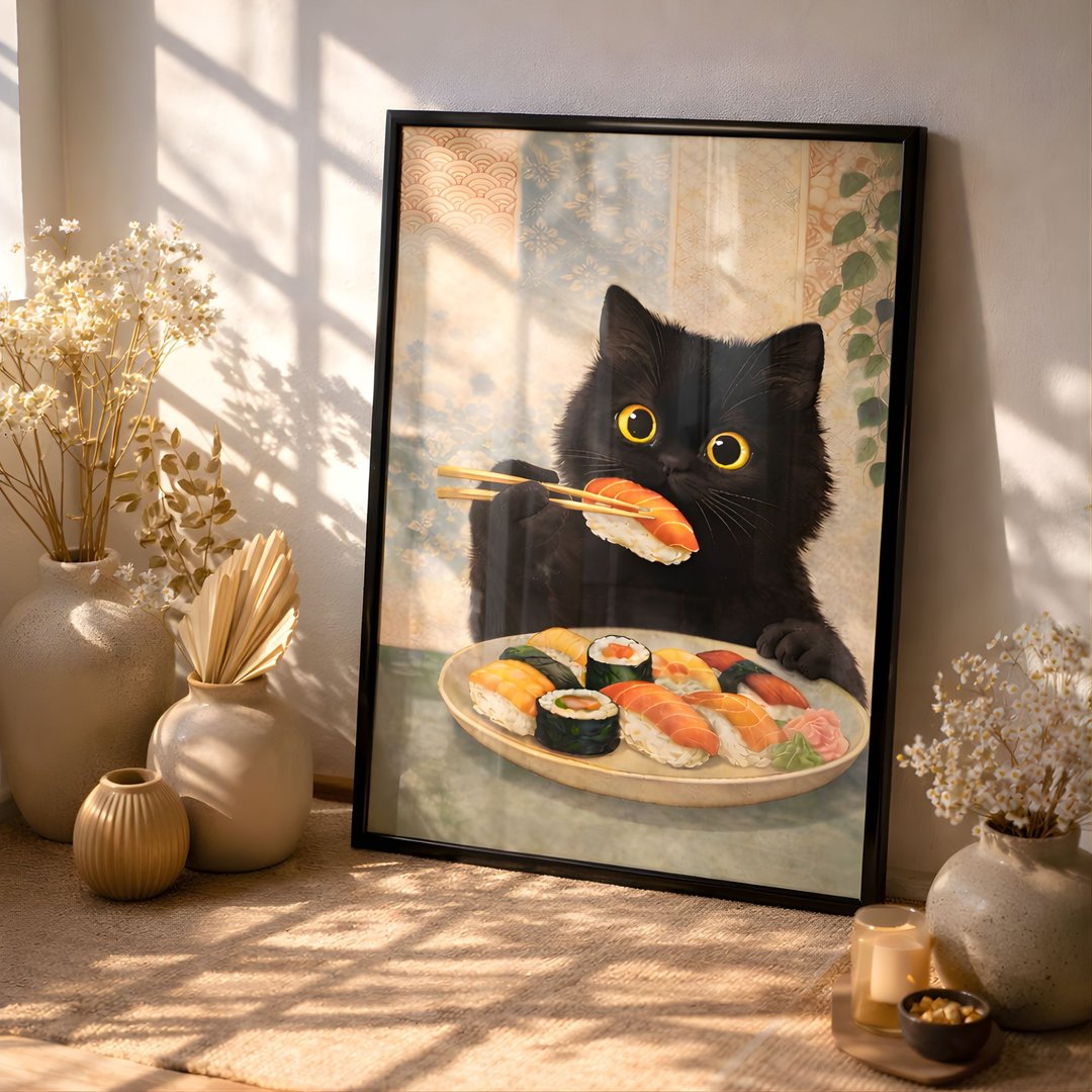 黑猫寿司挂画, 日式厨房猫咪海报, 寿司店餐厅装饰画 - 墙贴/壁贴 - 棉 