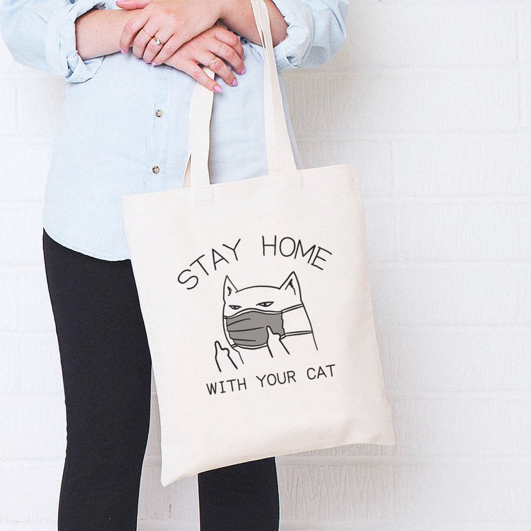 STAY HOME WITH YOUR CAT帆布环保手提购物袋米白 猫咪待在家里 - 手提包/手提袋 - 其他材质 白色