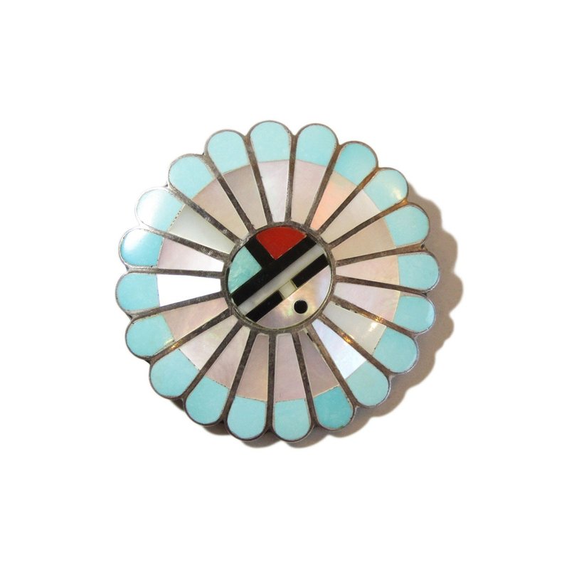 印第安珠宝 祖尼族 纯银925 古董 太阳脸 坠饰 胸针 - 胸针 - 其他材质 蓝色