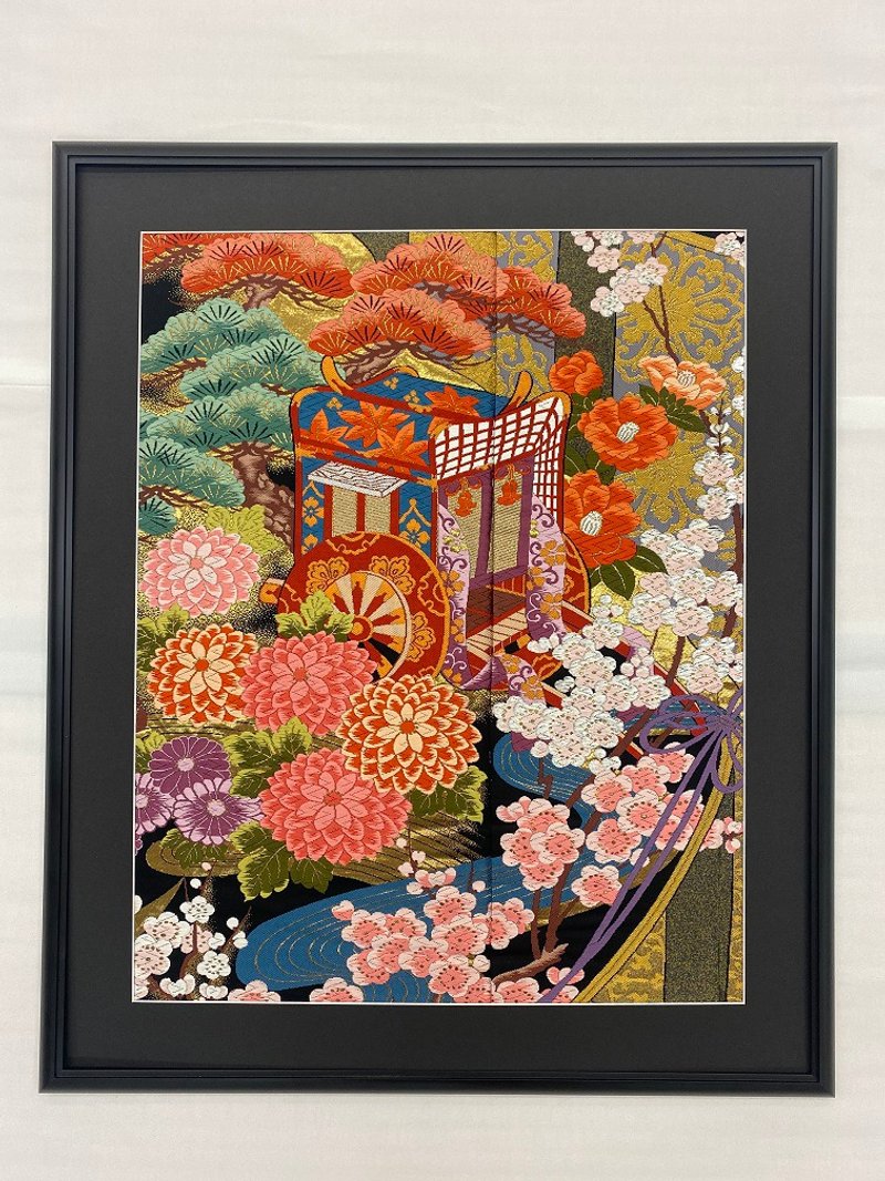 产品编号 114 刺绣和服、日式和风式室内装饰、皇家马车、流水图案、礼物、结婚礼物、乔迁礼物、长寿礼物、幸运符、相框内饰 - 海报/装饰画/版画 - 丝．绢 金色