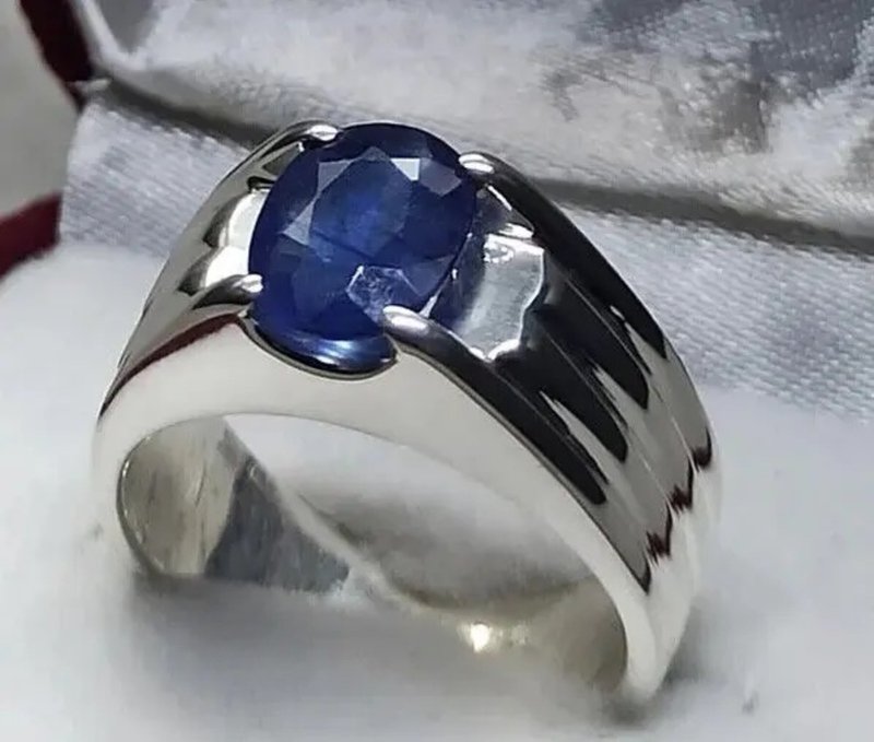 天然 3.5 克拉深蓝色蓝宝石男士戒指纯银 925 手工戒指 - 戒指 - 宝石 蓝色
