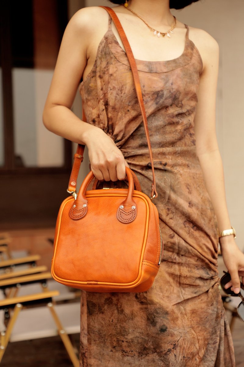 美式复古 意大利进口植鞣头层牛皮小方包 - 侧背包/斜挎包 - 真皮 黄色