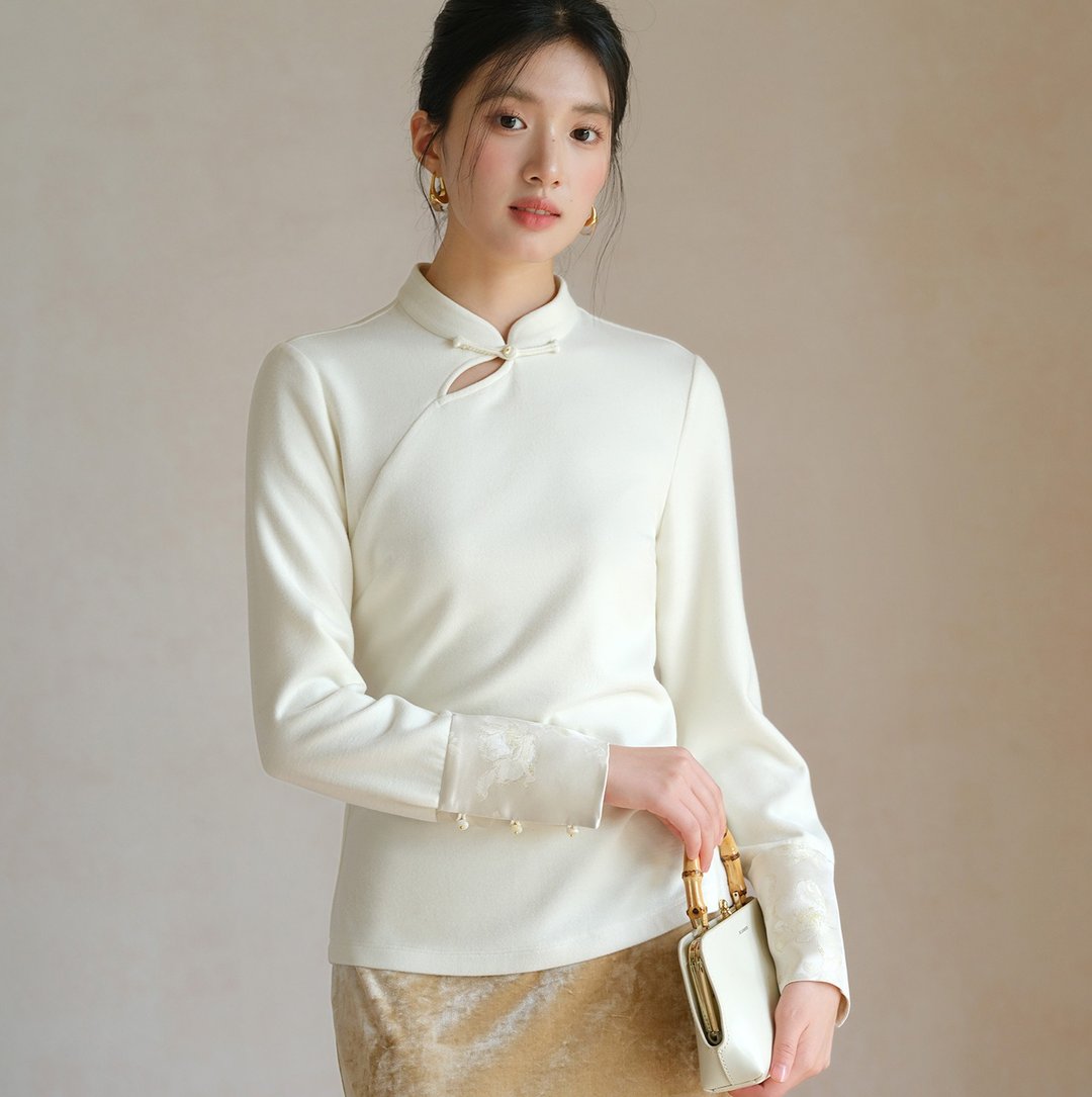 【立领】新中式复古中国风 纯色针织上衣/半裙 - 女装上衣 - 其他材质 白色