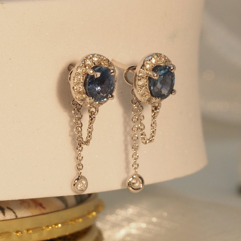 18K金蓝宝石悬垂式钻石耳环18K Gold Blue Sapphire Gem Candy wi - 耳环/耳夹 - 贵金属 