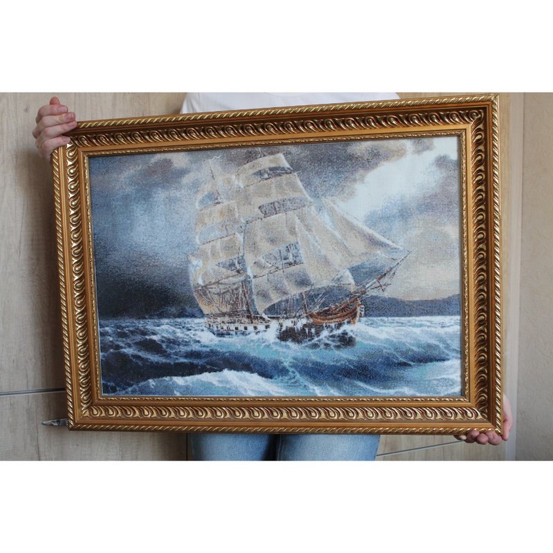 手工制作的蓝色海景帆船、手工十字绣艺术品、礼品、家居装饰 - 墙贴/壁贴 - 棉．麻 蓝色