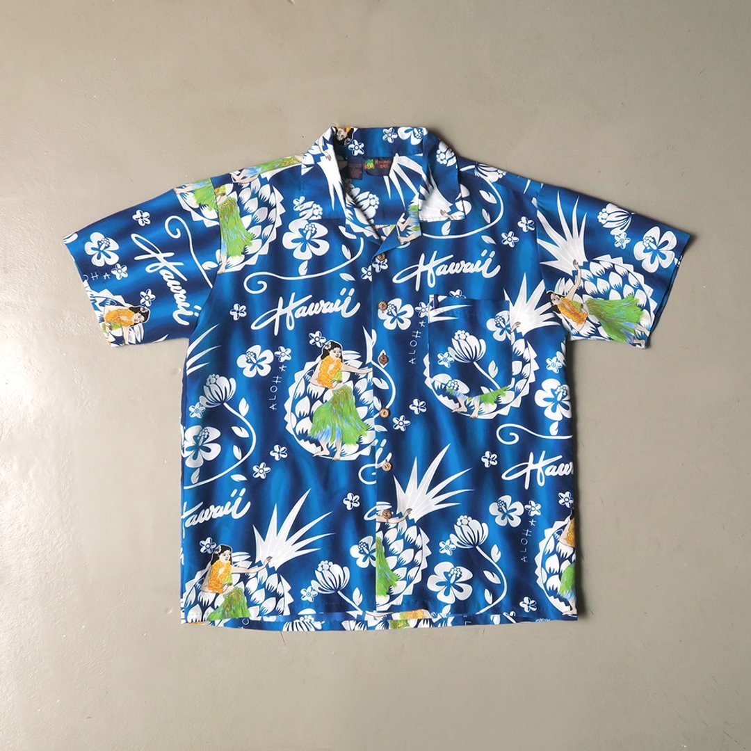 扶桑花女孩印古着夏威夷衬衫 - 女装衬衫 - 其他人造纤维 蓝色
