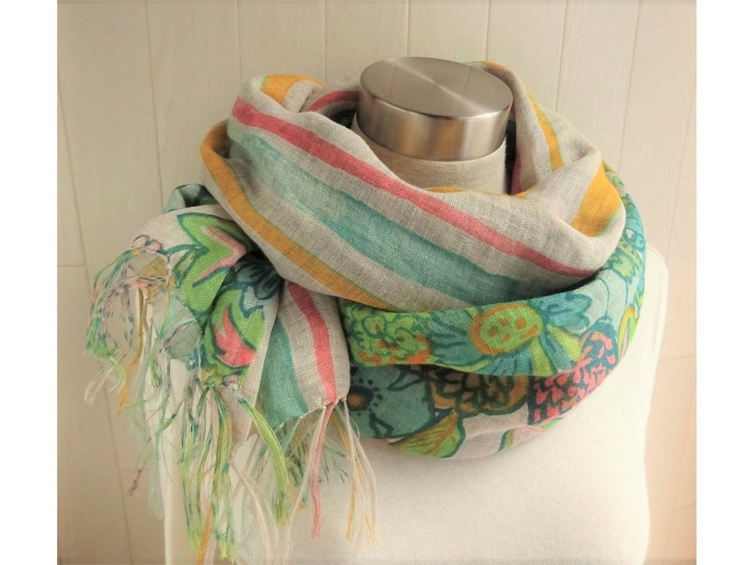 Stain stripe of linen · single gauze / flower pattern green type (flax color) - 丝巾 - 棉 绿色