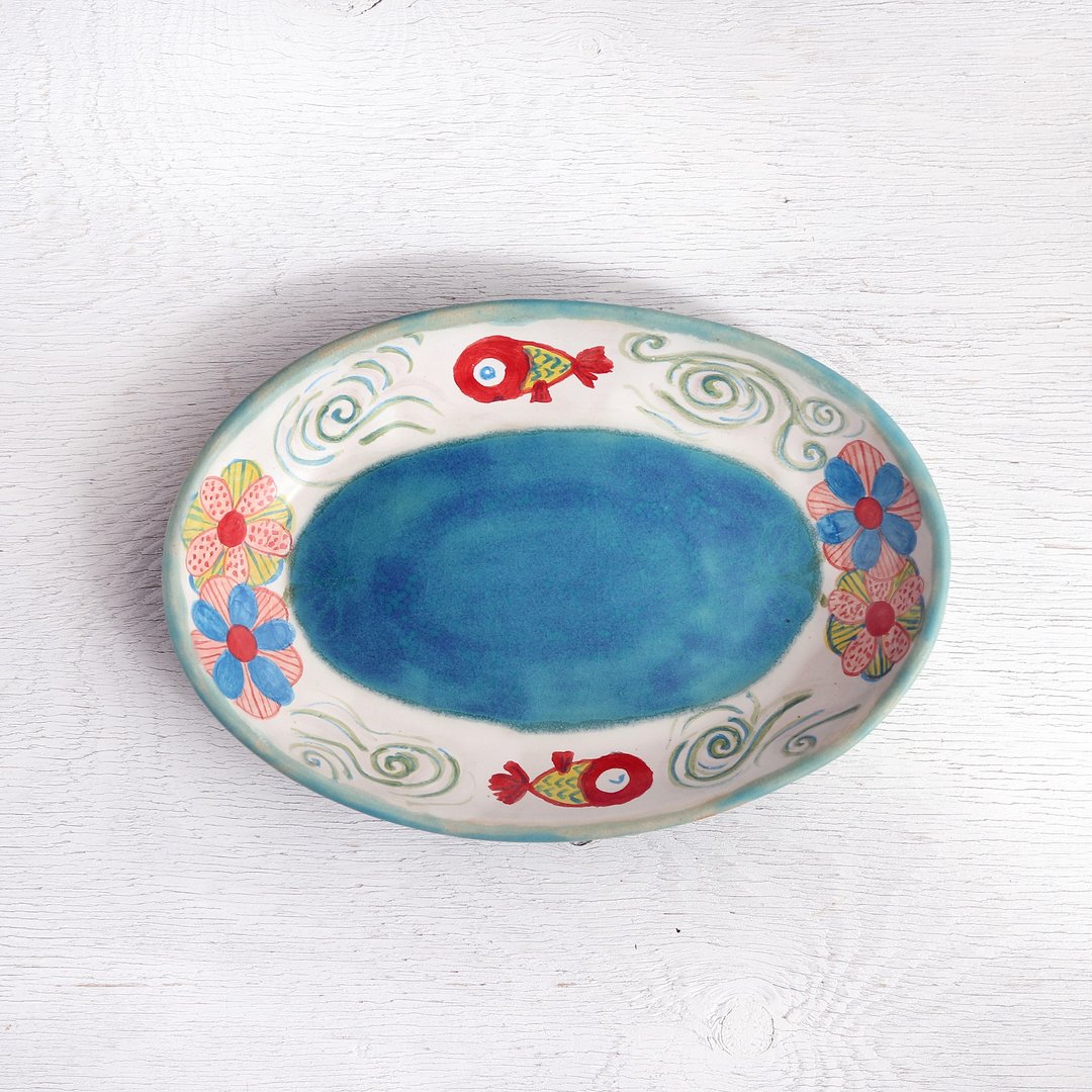 Red goldfish and flower painting oval plate with turquoise blue glaze - 盘子/餐盘/盘架 - 陶 红色