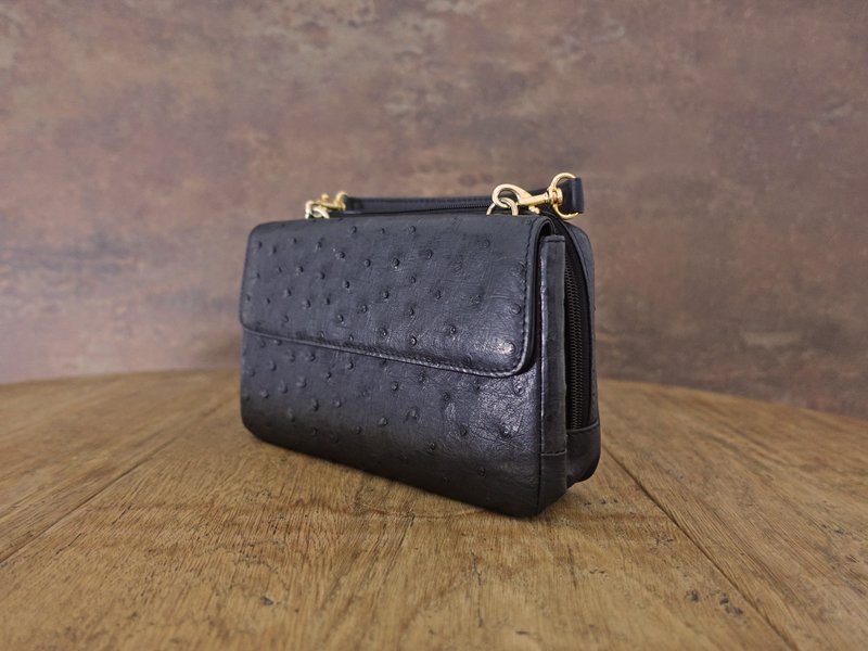 奢华鸵鸟皮革小包/长夹 手提 - 手提包/手提袋 - 真皮 黑色