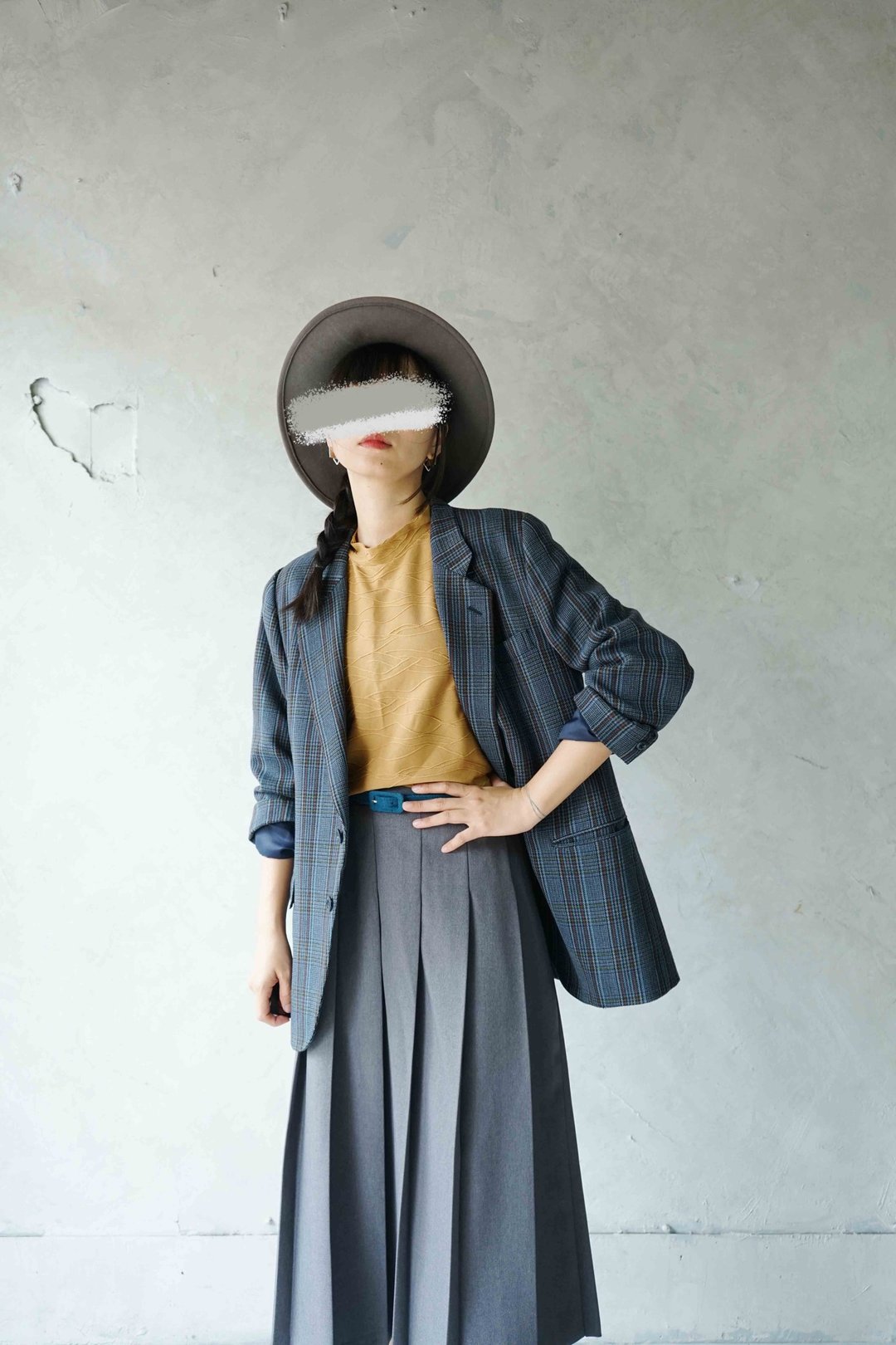 寻宝古着-绅士中性风深蓝格纹精梳毛料西装外套 - 女装西装外套/风衣 - 羊毛 蓝色
