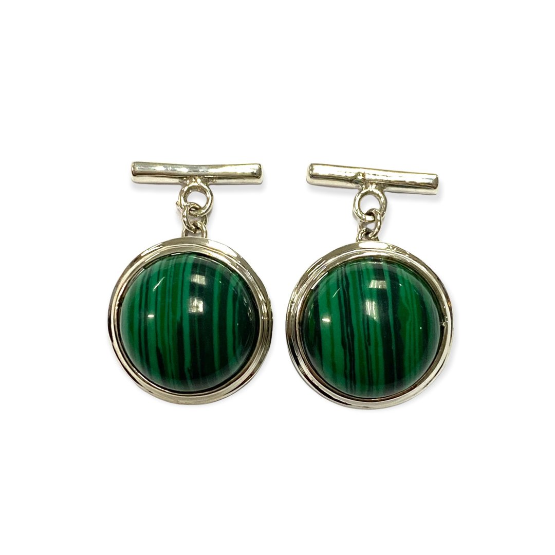 Round Malachite Stone Wedding Cufflinks For Groom 925 Sterling Silver - 袖扣 - 纯银 绿色