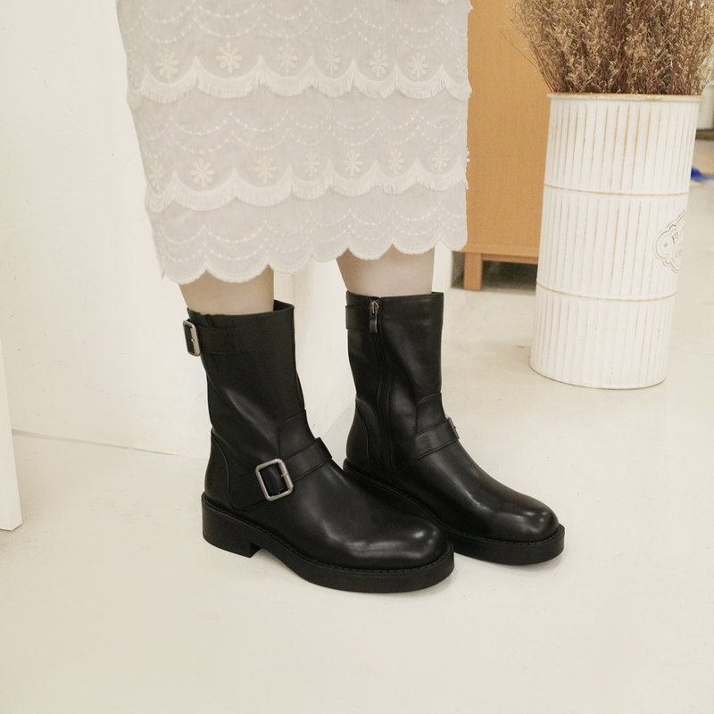 研究室的选品・顺腿增高! 胎牛皮厚底中筒靴 全真皮 黑- 黑色 - 女款短靴 - 真皮 黑色