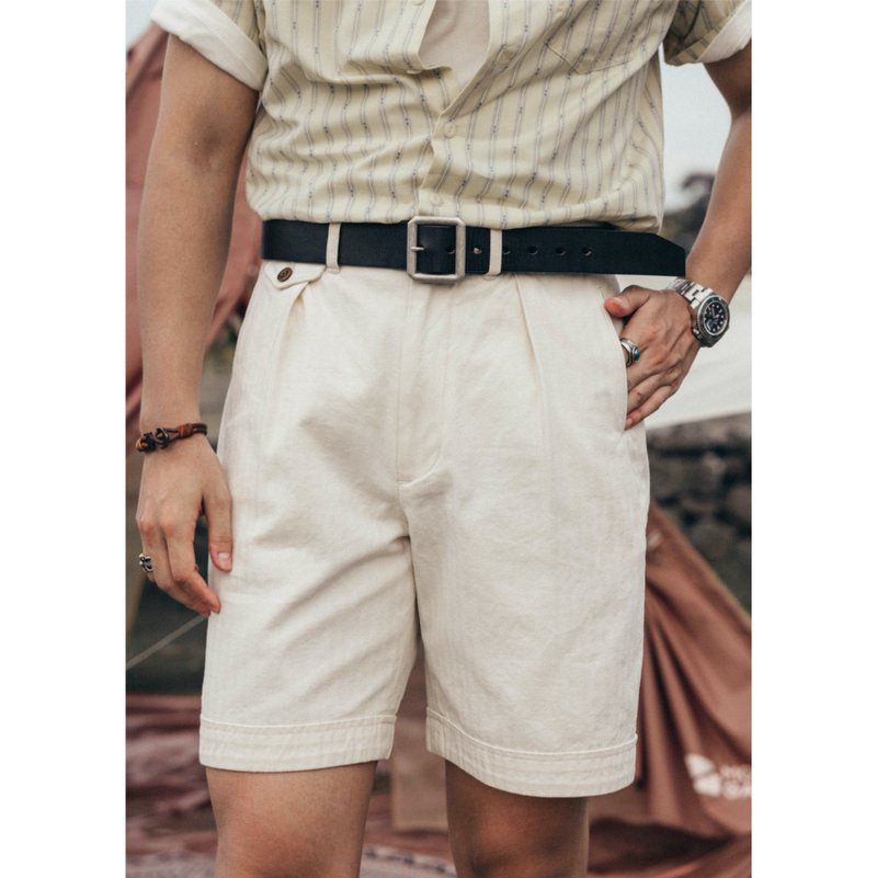 复古港督短裤 工装短裤 五分裤 原棉色 斜纹布料 宽松 夏季 - 男士短裤 - 棉．麻 白色