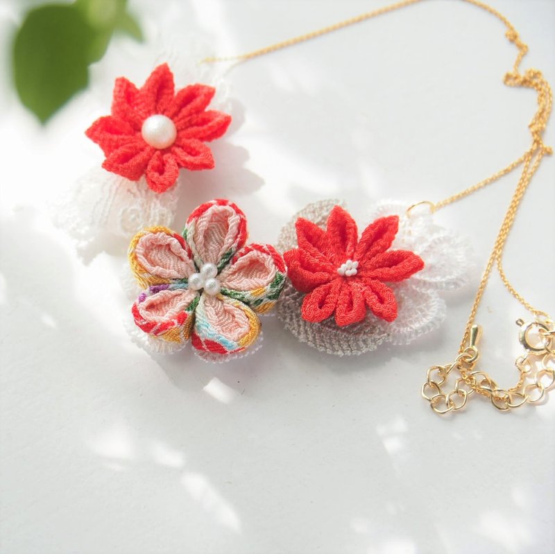 大红蕾丝つまみ细工和风手工布花16K镀真金颈链, 项链, 项链  - 颈链 - 聚酯纤维 红色