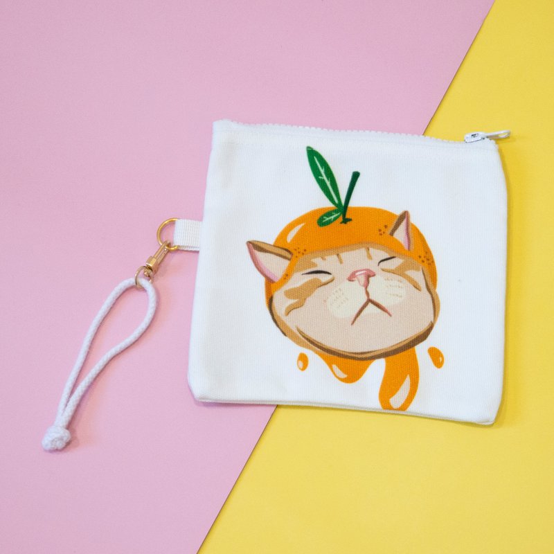 猫咪插画帆布小袋白色-胖橘猫 - 化妆包/杂物包 - 聚酯纤维 白色