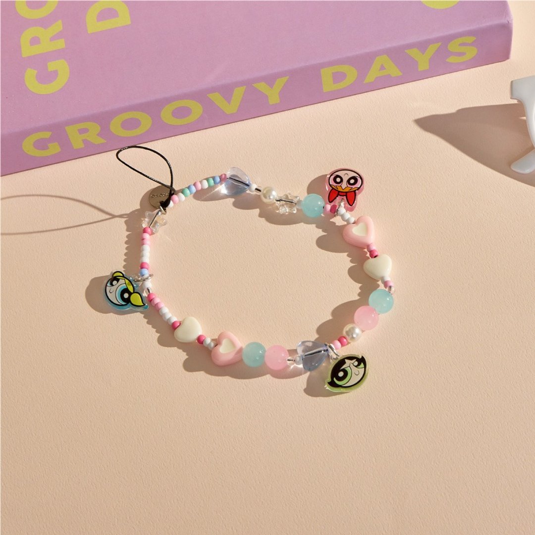 飞天小女警粉嫩蓝心串珠吊饰 - 手机配件 - 压克力 透明