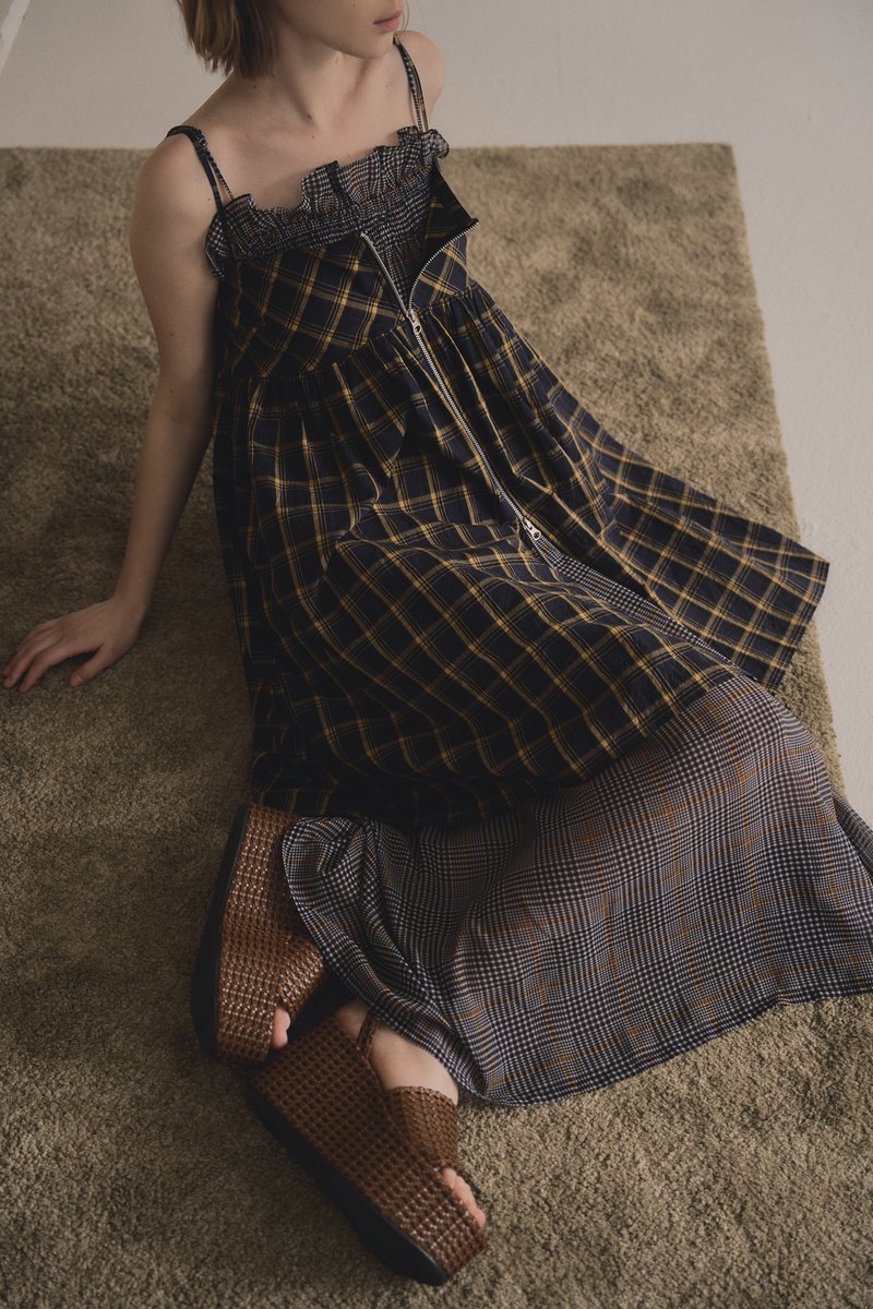 plaid pocket dress 格纹抽皱口袋洋装 navy+yellow 蓝+黄 - 洋装/连衣裙 - 聚酯纤维 多色