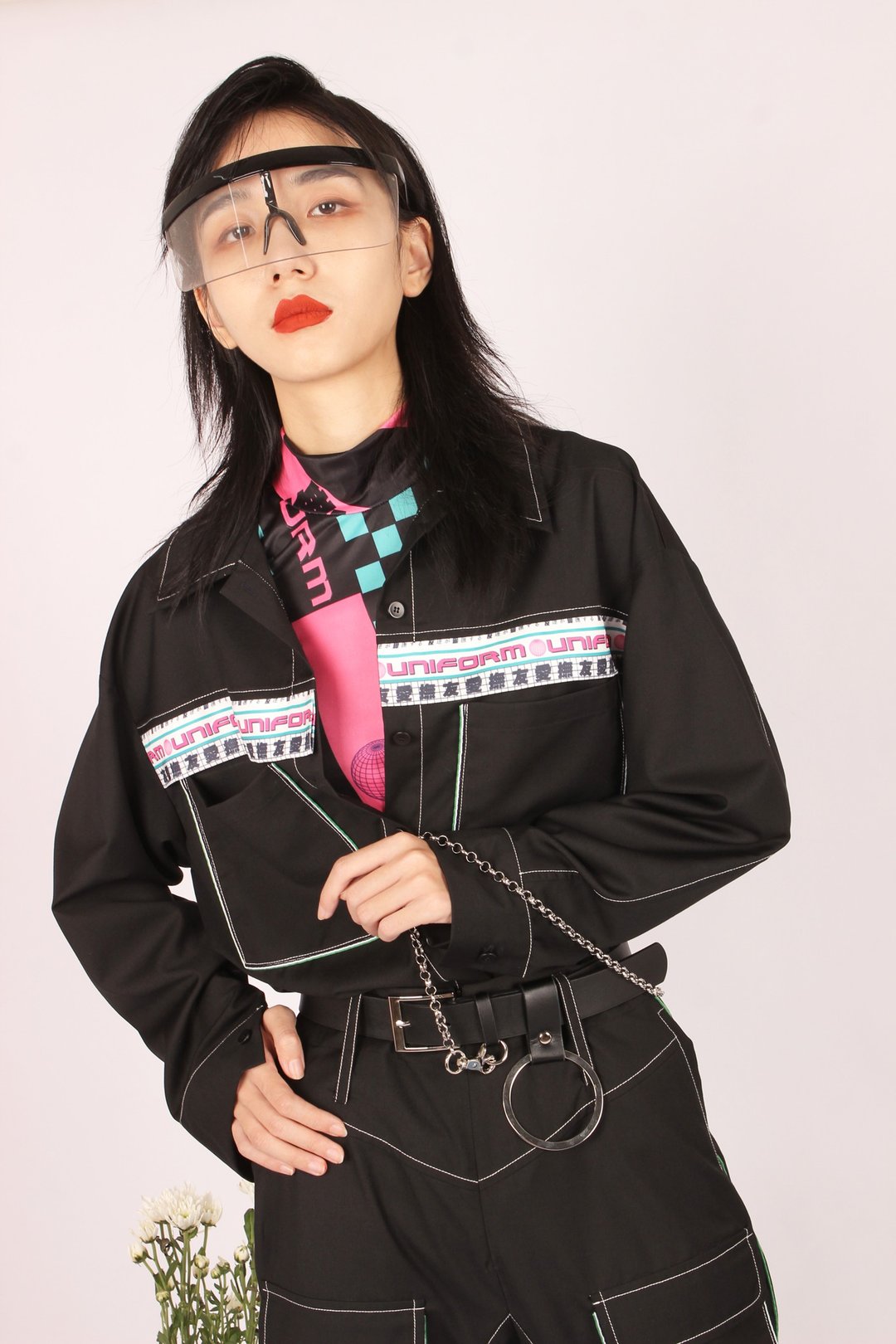 原创印花拼接设计酷感黑色长袖衬衣 - 女装衬衫 - 其他人造纤维 黑色