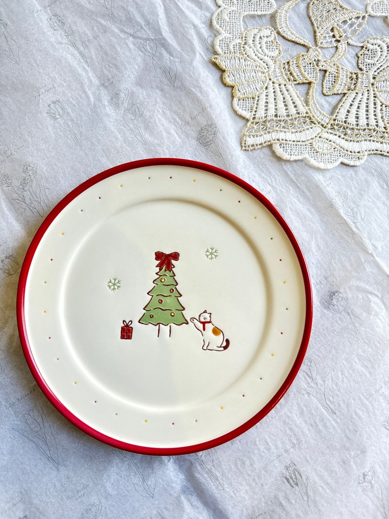 【好日恋物】韩国圣诞树礼物小花猫餐盘耶诞节礼物仪式感感恩节日 - 盘子/餐盘/盘架 - 瓷 红色