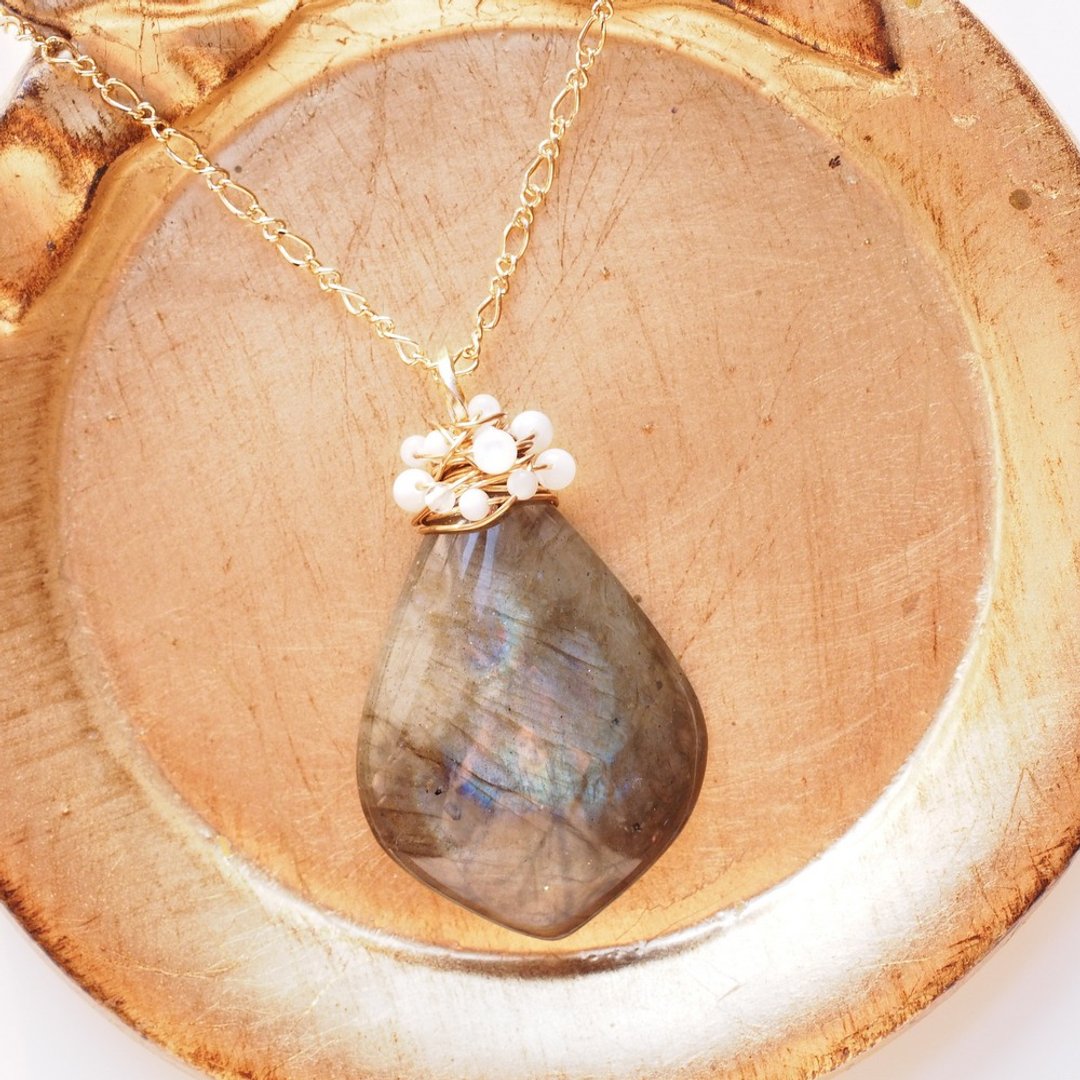 大颗 拉长石 钙钠钭长石 珍珠母贝 Labradorite 长项链 毛衣链 - 长链 - 半宝石 多色