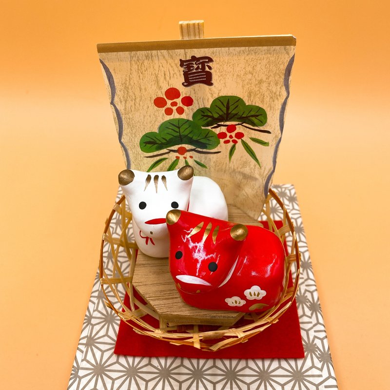 【招福干支】开运干支 生肖牛 缘起物 红牛配白牛 - 摆饰 - 纸 多色