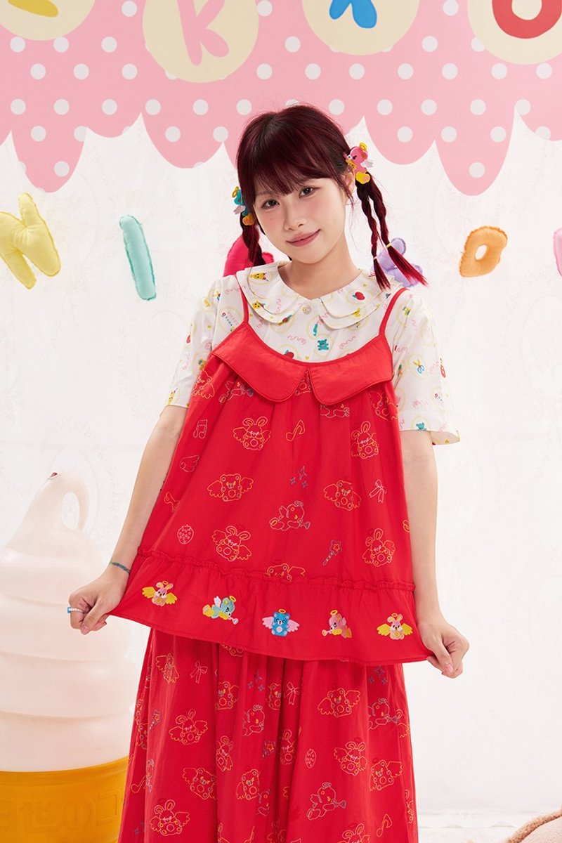 动物天使重工刺绣红色吊带上衣 肩带可调节可爱少女 - 女装上衣 - 棉．麻 多色