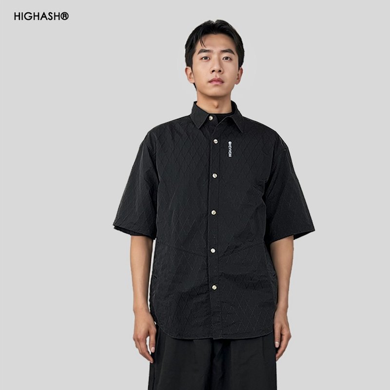 菱形肌理格纹cleanfit口袋短袖衬衫外套上衣 - 男装衬衫 - 尼龙 多色