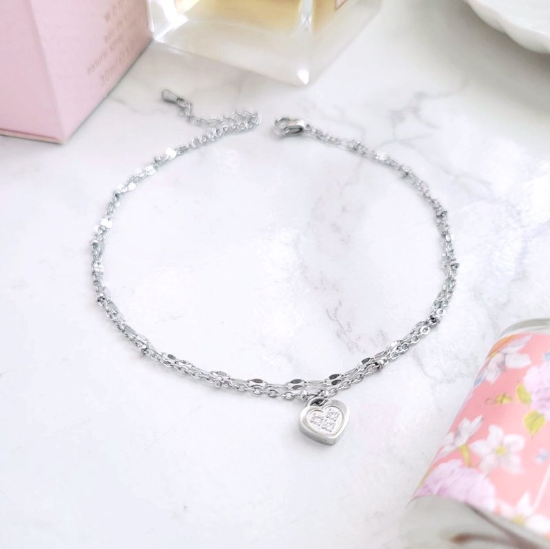 扑通扑通。心型镶钻白钢脚链 - 脚链/脚环 - 不锈钢 银色