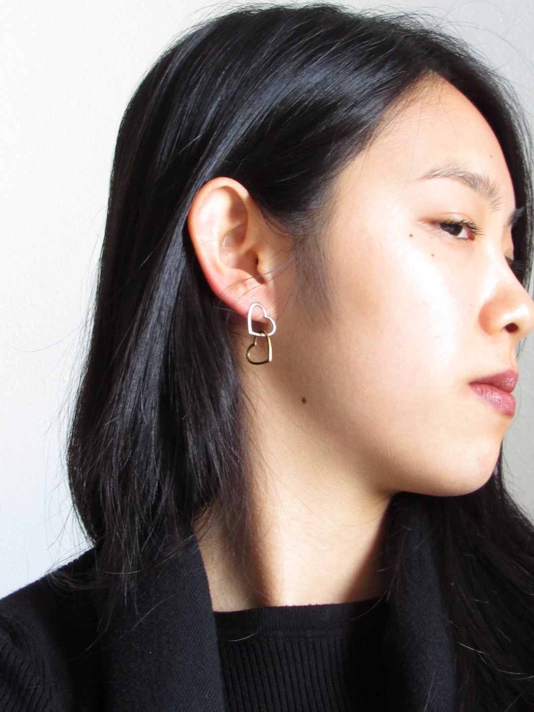 Vintage Interlocked Heart Silver Gold Dangle Earrings - 耳环/耳夹 - 纯银 银色