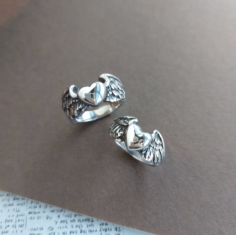 +飞越爱情+ 精致立体翅膀爱心浮雕对戒 925纯银饰戒指 - 对戒 - 纯银 银色