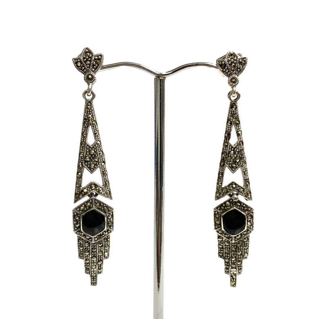 Art Deco Style Black Onyx and Marcasite Set Pendant Earrings 925 Sterling Silver - 耳环/耳夹 - 纯银 银色