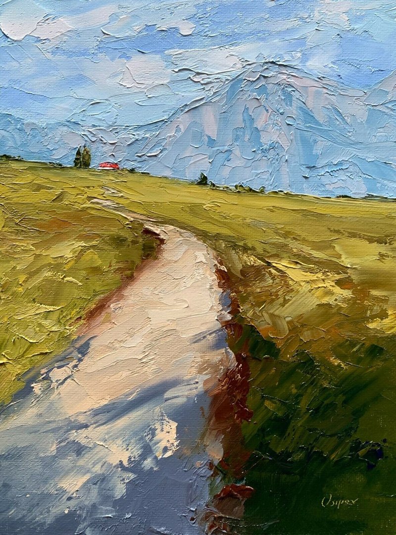 Original Landscape Mountains Oil Painting On Canvas Green Field Impasto Artwork - 墙贴/壁贴 - 棉．麻 多色
