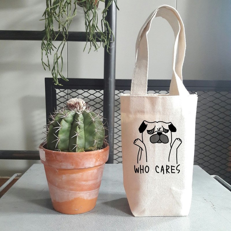 Who Cares Pug 帆布 袋 咖啡随行杯手机钱包饮料提袋巴哥哈巴狗 - 随行杯提袋/水壶袋 - 棉．麻 白色