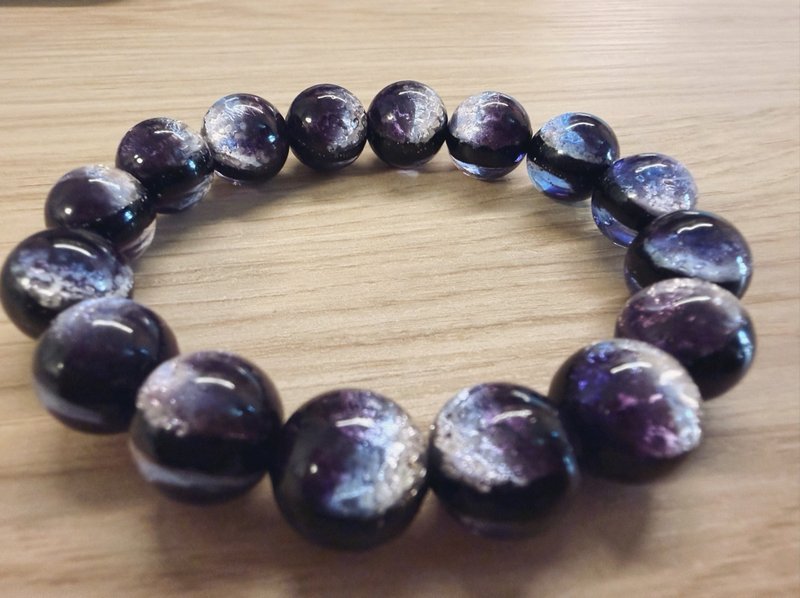 【琉璃系列】12MM 紫银星空琉璃珠手链 银河星光男女款 - 手链/手环 - 琉璃 紫色