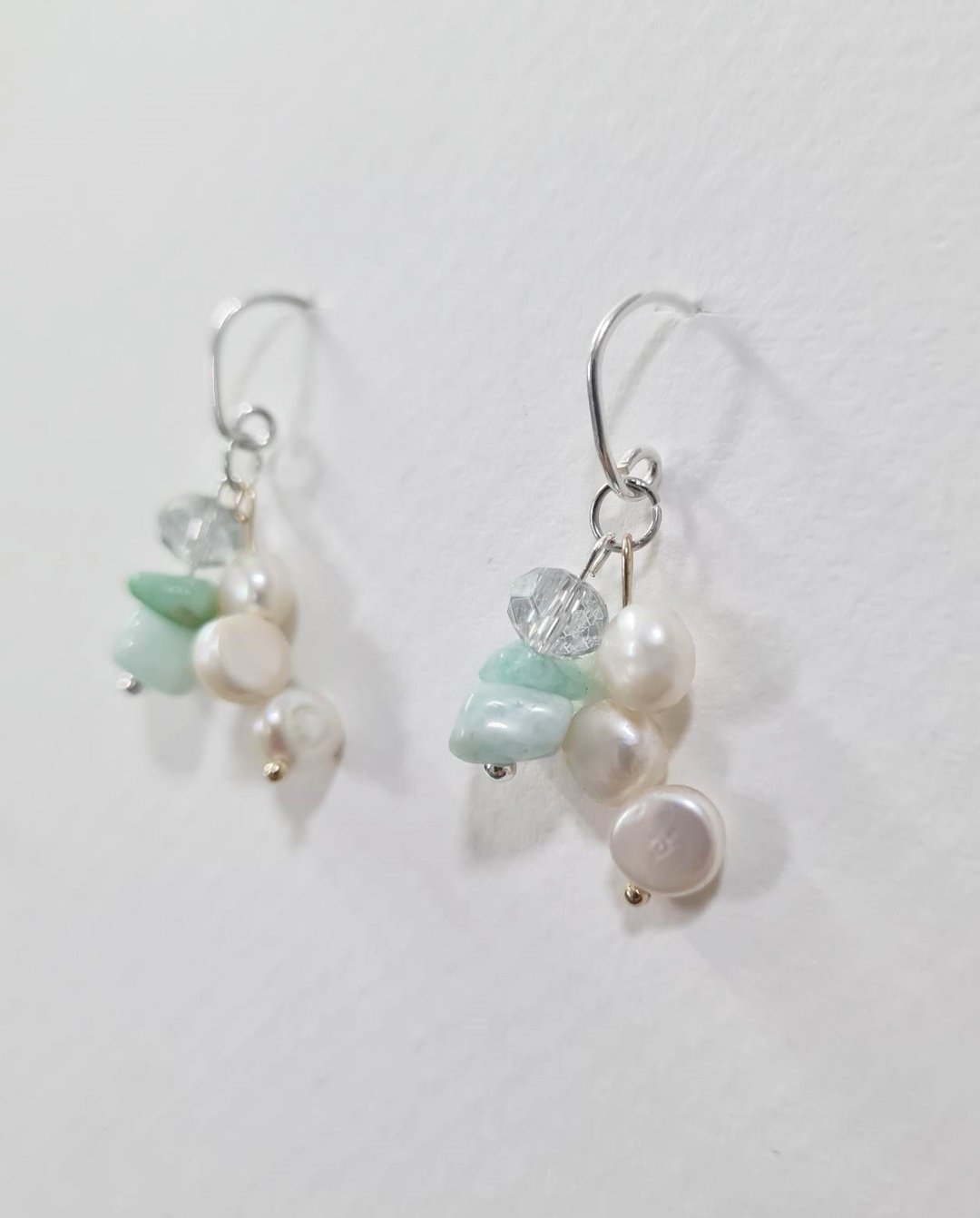 Natural pearl earrings, Lalimar, 925 sterling Silver stem, Nature Pearl Larlimar with Silver 925 - 耳环/耳夹 - 珍珠 白色