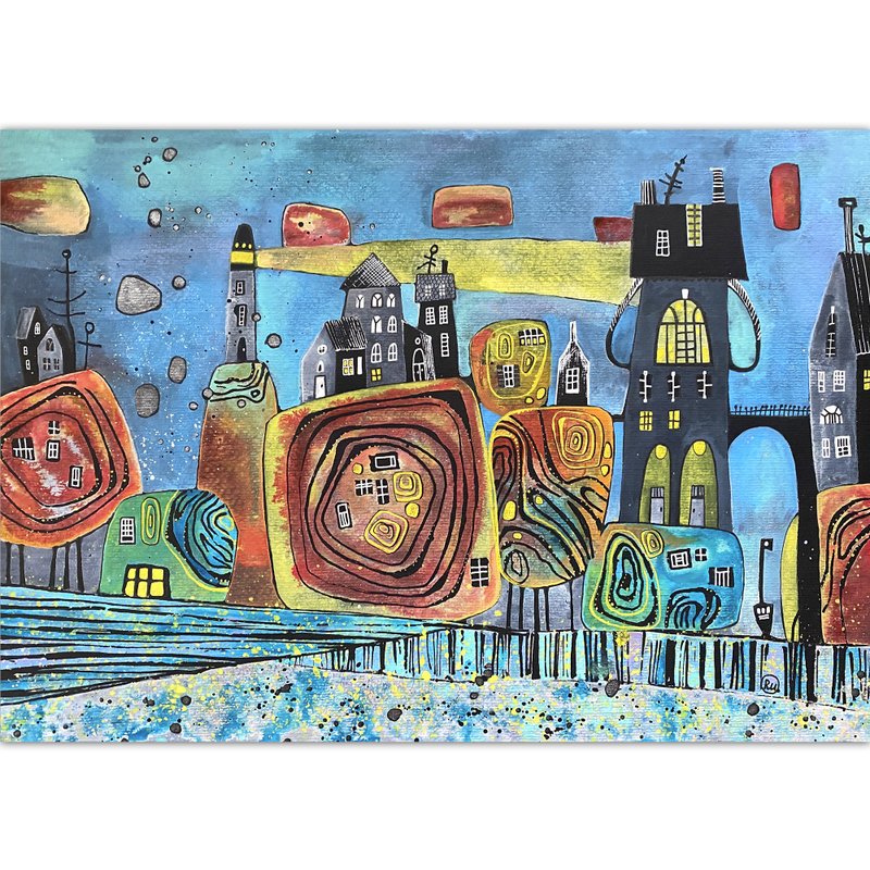 City painting Fantasy Original art Watercolor wall decor Colorful artwork - 海报/装饰画/版画 - 纸 多色