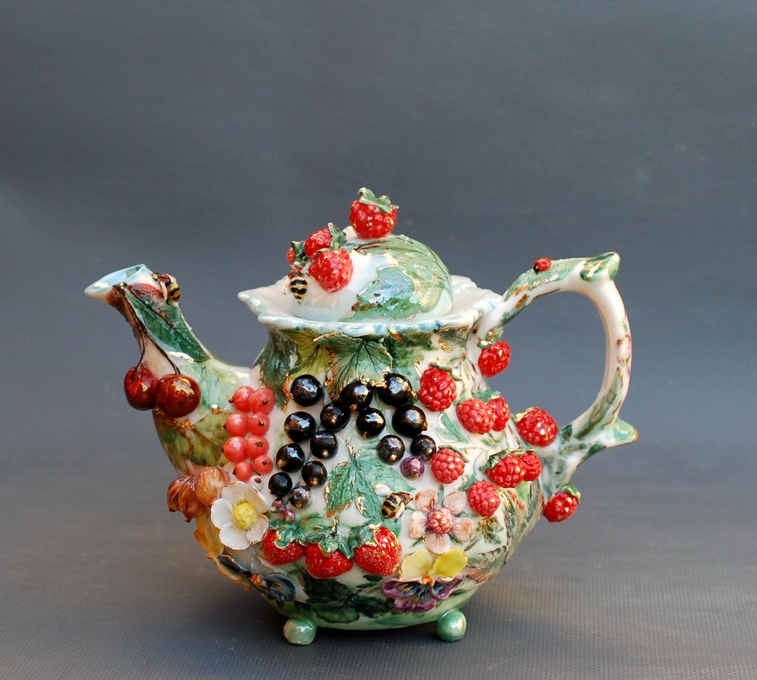 Art teapot Berries and flowers Handmade botanical porcelain teapot Cherry curran - 茶具/茶杯 - 瓷 多色