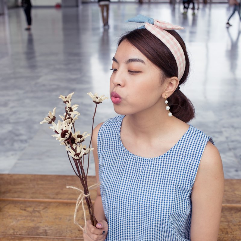 奥萝娜 / 粉红 格子 / 软铁丝 发带 发箍 - 发带/发箍 - 棉．麻 