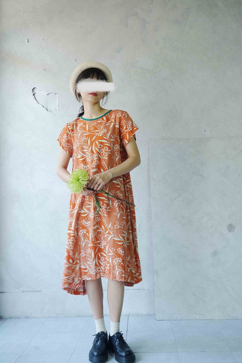 设计手作- 岚山竹林夏日一件式橘色印花洋装 - 洋装/连衣裙 - 聚酯纤维 橘色