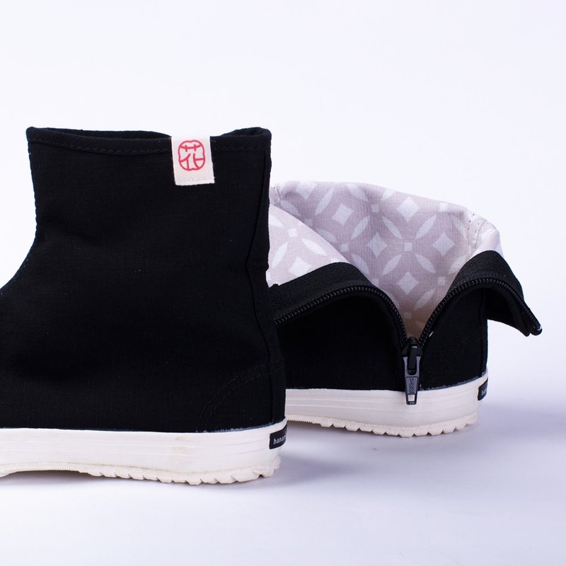 足袋日 | 京都黑节纱花布鞋.铜币花纹内里.低筒拉链.可反折两穿 - 女款休闲鞋 - 棉．麻 黑色