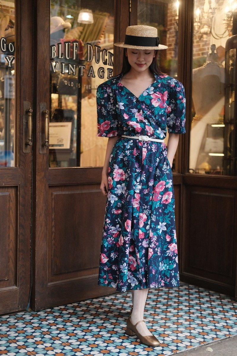 vintage dress印花连衣裙古着 - 洋装/连衣裙 - 棉．麻 