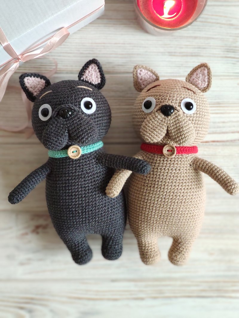 Crochet dog amigurumi English French bulldog gifts Cotton toys Stuffed animals - 玩具/玩偶 - 棉．麻 黑色