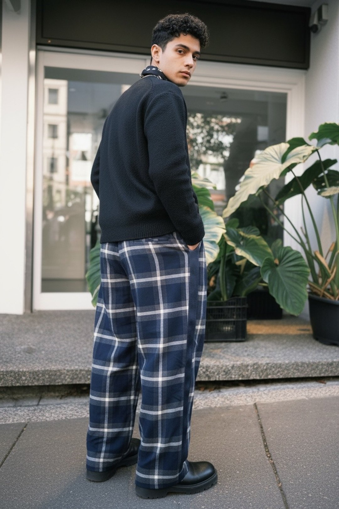 新品 / Stone As Plaid Wide Trousers / 格子拼接长裤 - 男士长裤 - 棉 蓝色