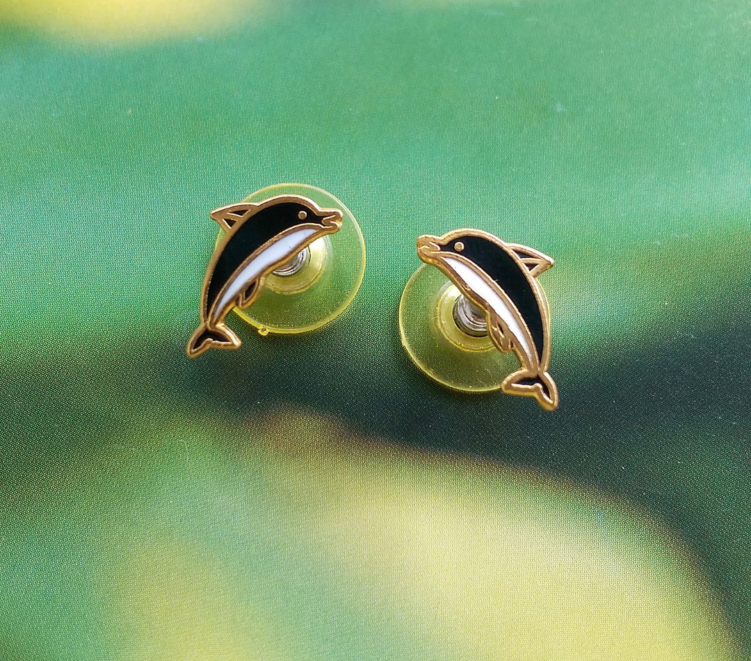 Vintage Jewelry  景泰蓝 - 小巧 可爱 黑白小海豚 针式耳环 - 耳环/耳夹 - 其他材质 金色