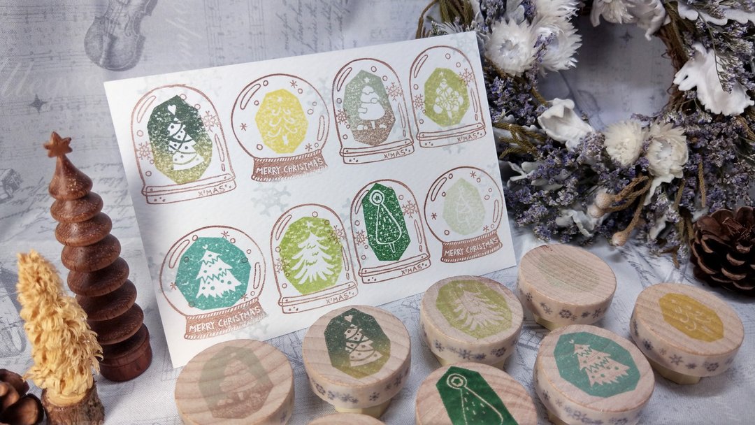 【12月限定商品】圣诞树拓印 手刻印章 橡皮章 圣诞包装 - 印章/印台 - 木头 绿色