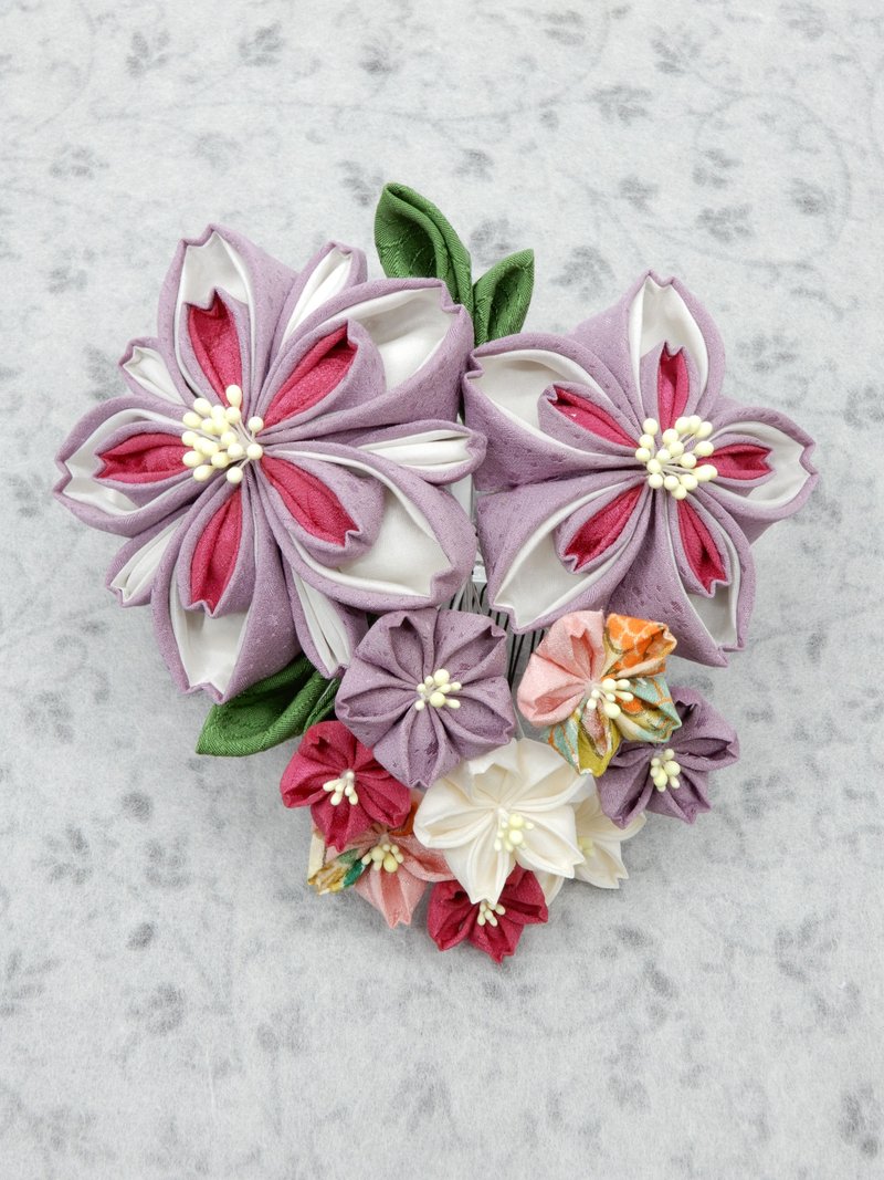 [New color] Knob work Large Sakura hair ornament [Sakuyahime / Purple peach] - 发饰 - 丝．绢 紫色