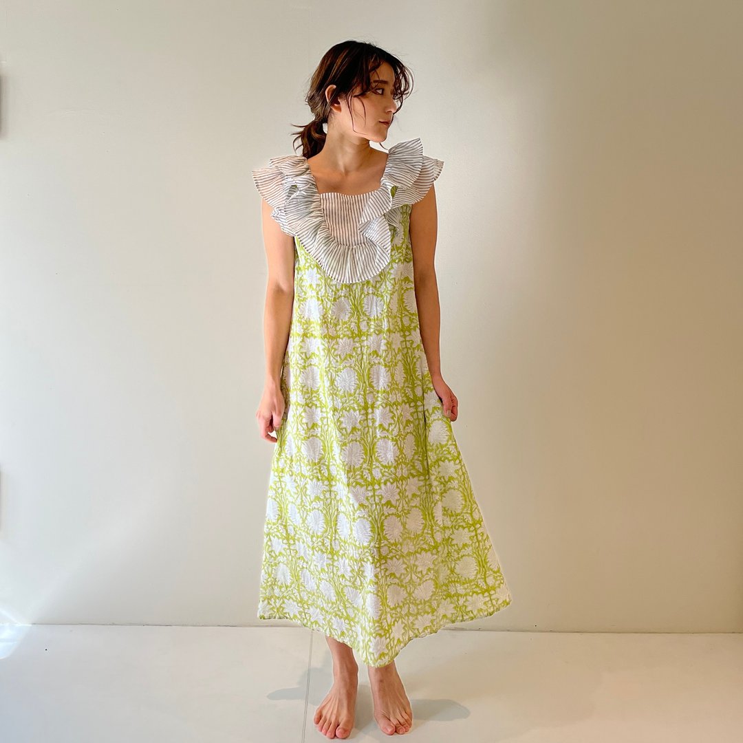 Block print frill dress #light green - 洋装/连衣裙 - 棉 绿色