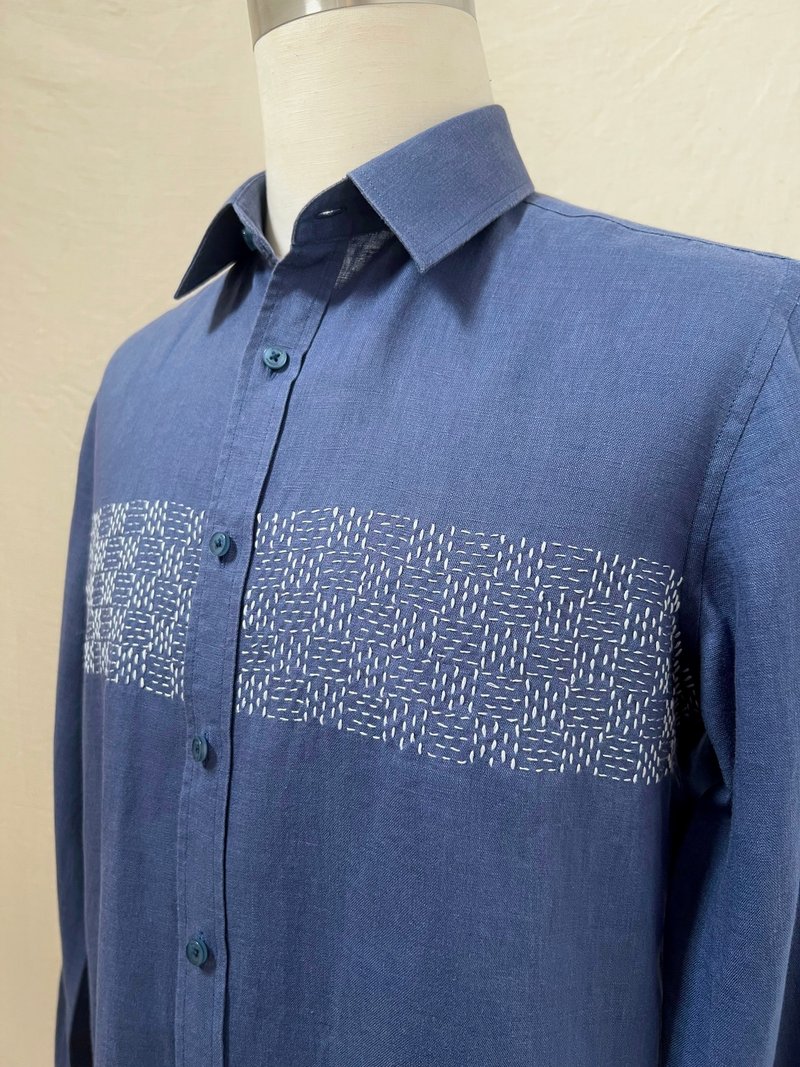 男士 સшиકો (sashiko) 靛蓝亚麻衬衫：几何手绣长袖 - 男装衬衫 - 亚麻 蓝色