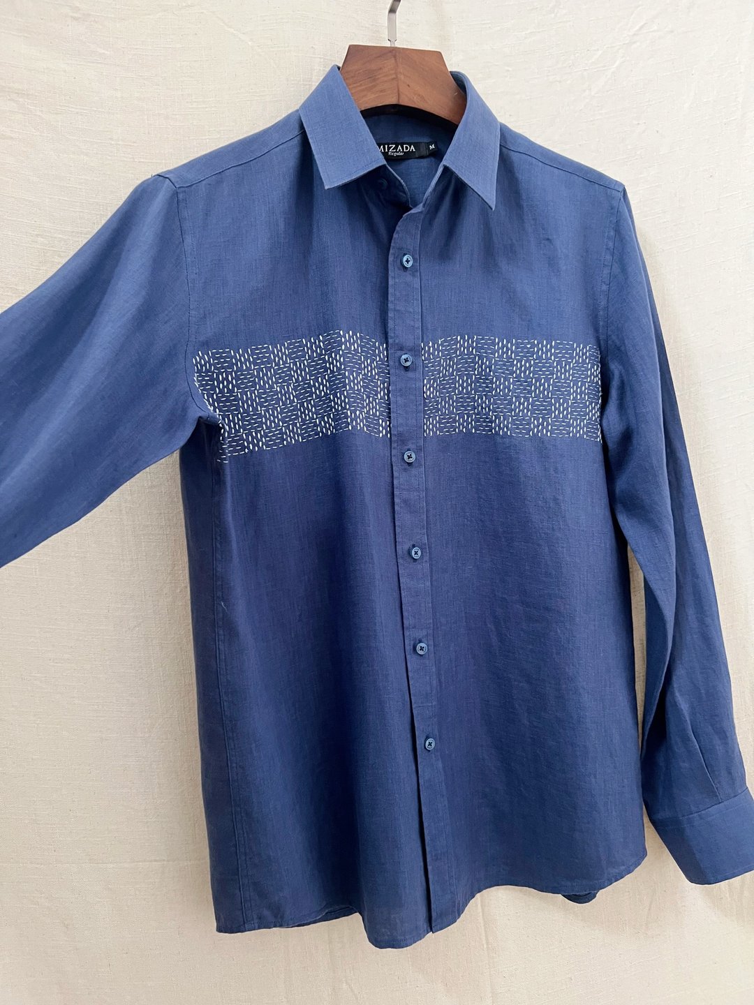 男士 સшиકો (sashiko) 靛蓝亚麻衬衫：几何手绣长袖 - 男装衬衫 - 亚麻 蓝色